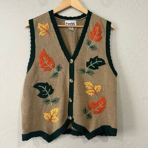 Vintage Teddi Sweater Vest Large Embroidered Fall Leaves Cottagecore Ramie Blend